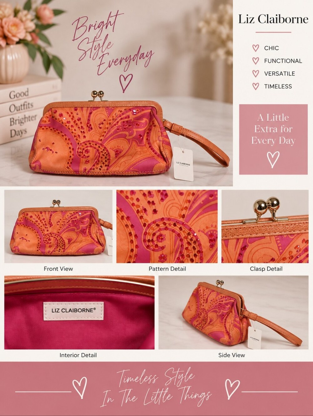 New Liz Claiborne Women's 8x4 inch orange pink change pouch #34